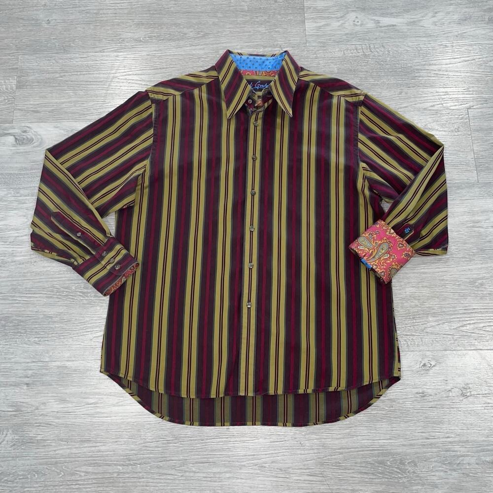 Robert Graham Dress Shirt Mens XL Green Red Striped Long Sleeve Button Up